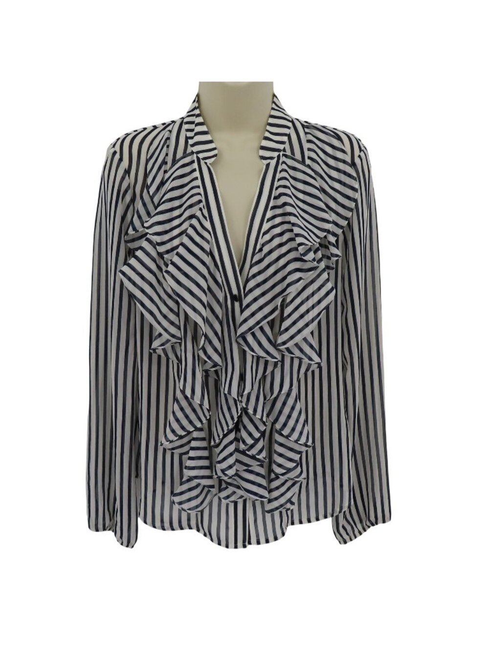 Y2K Cache Women 6 Sheer Ruffle Blue White Stripe Button Blouse Shirt Top NEW